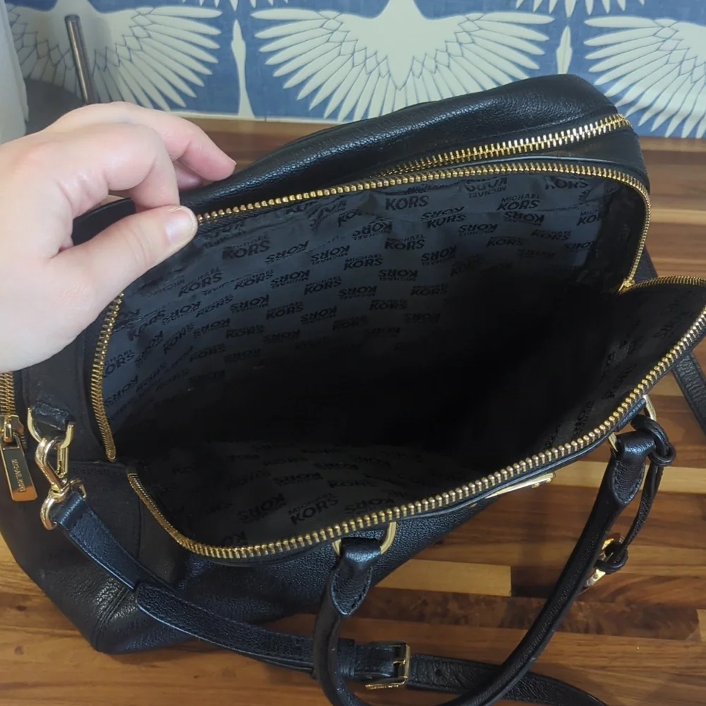 Michael Kors black and gold leather two zipper compartment satchel large…